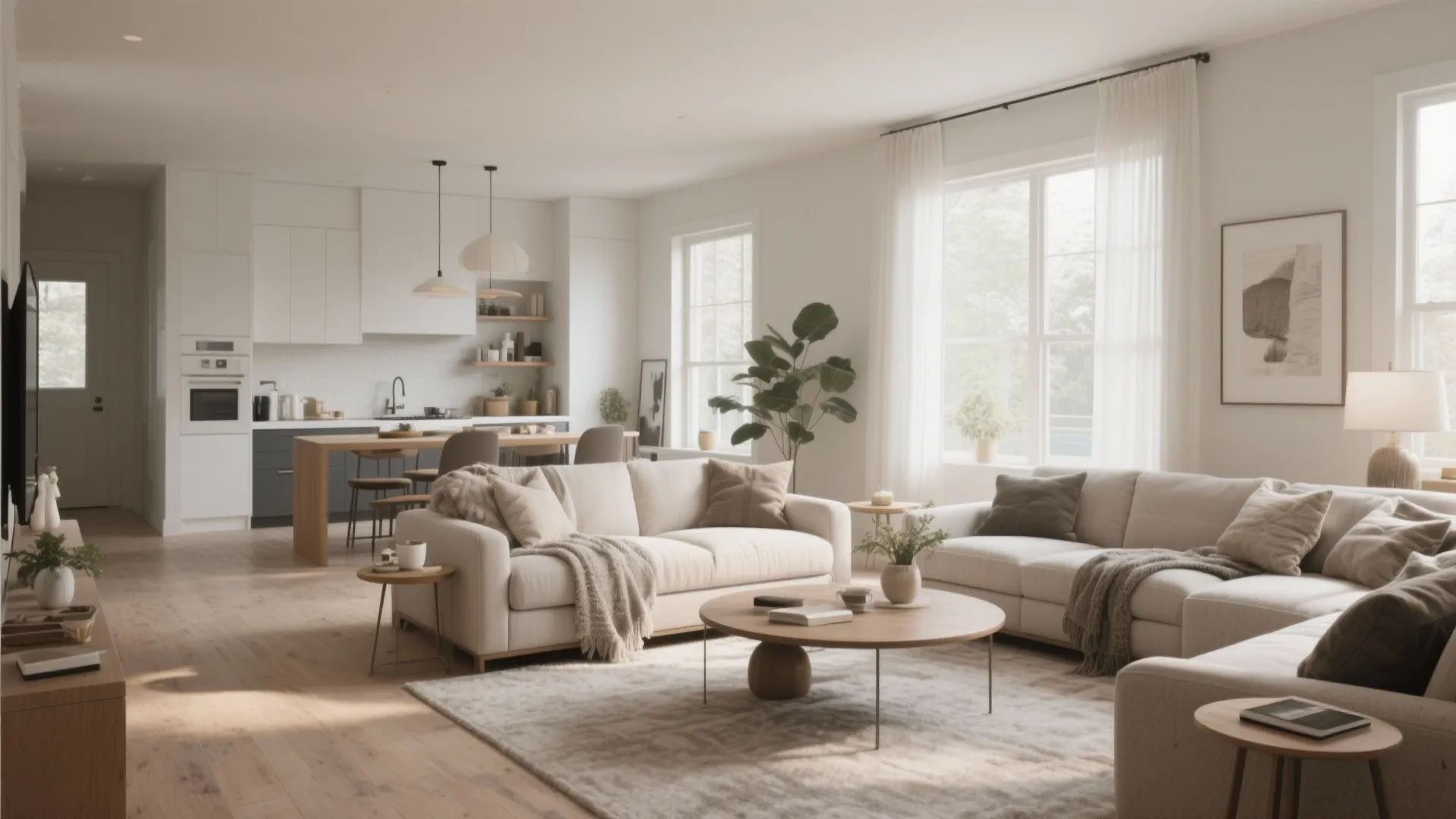 Open plan living room and kitchen area with white sofas wooden floor and bright windows