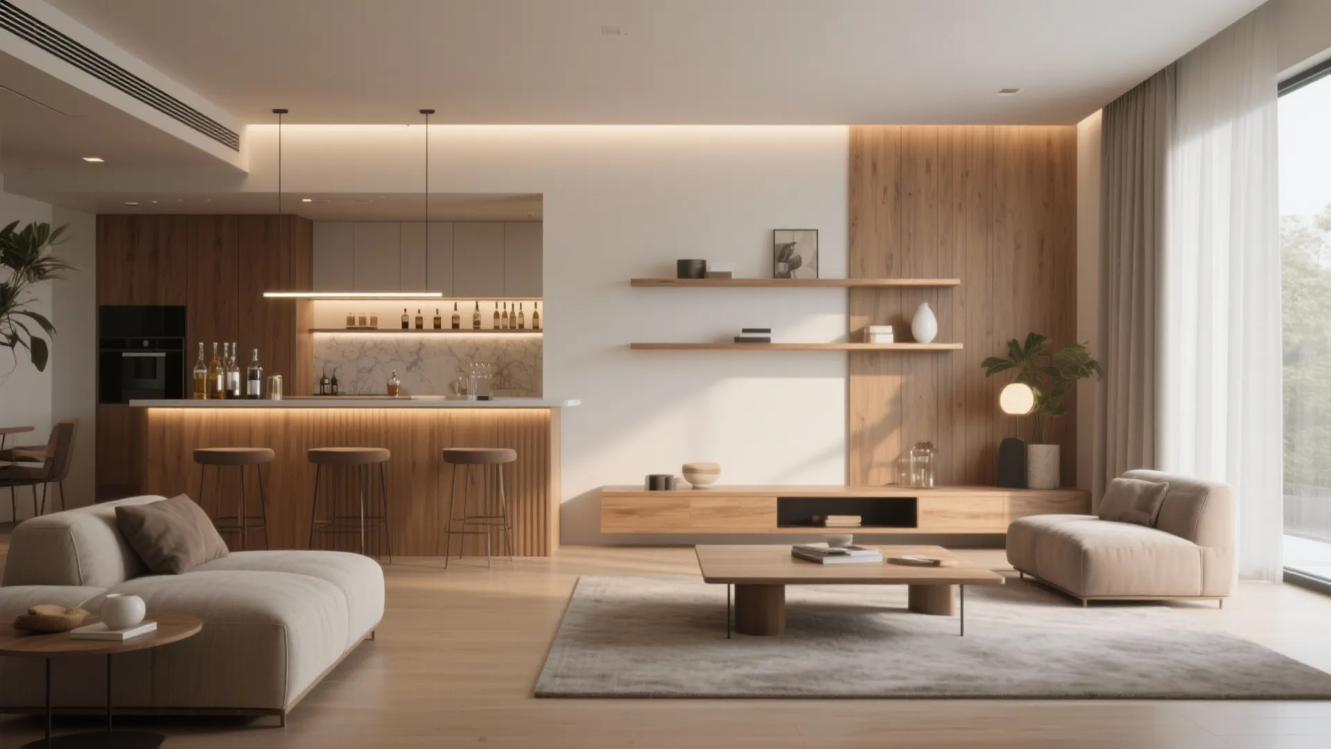 Modern open living room with a wooden bar counter stools white sofa and light wood floor