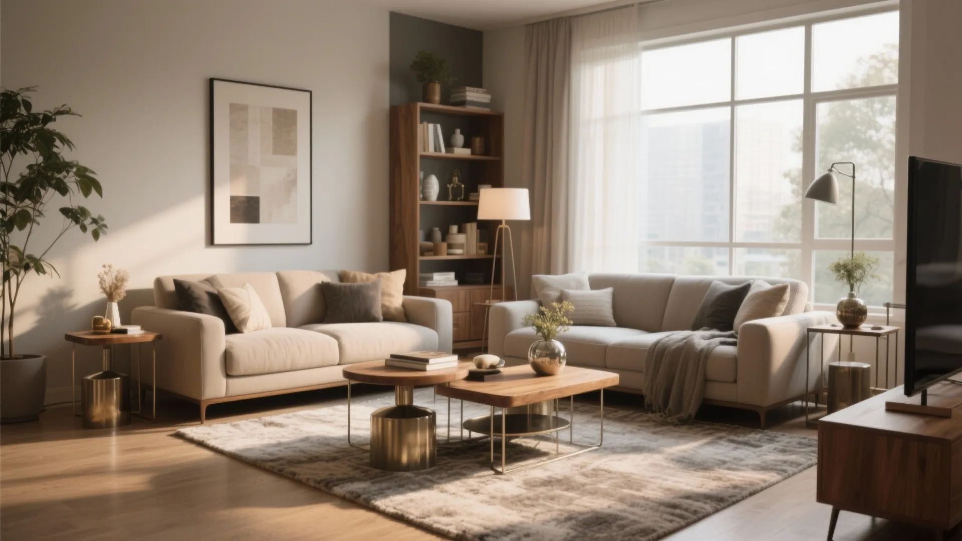 Modern living room with beige sofas wooden coffee tables tall bookshelf wall art and large windows