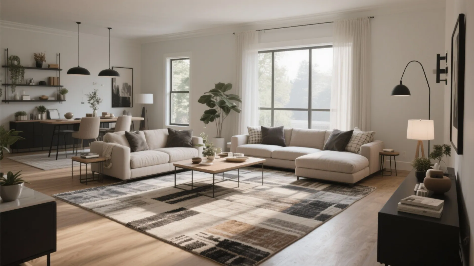 Modern living room with beige sofas a wooden coffee table large rug and black ceiling lights
