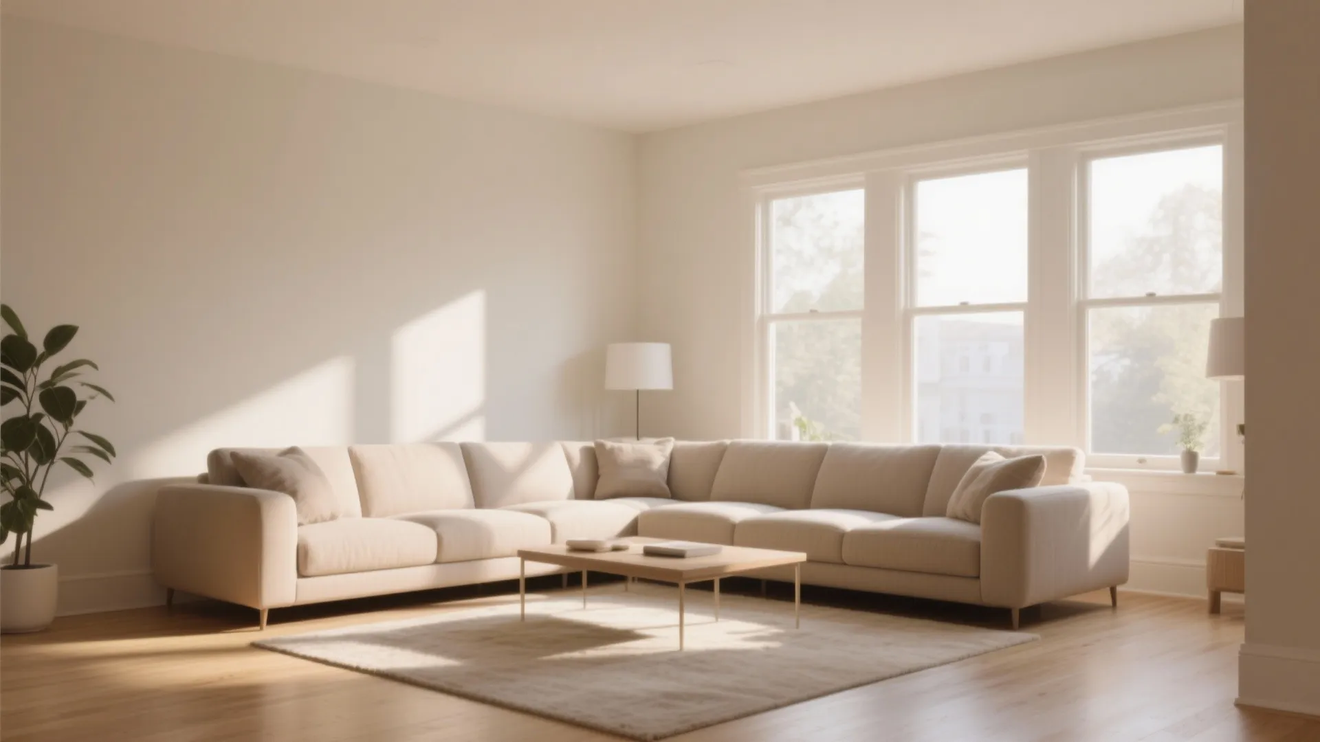 Minimalist living room featuring a large beige sofa wooden coffee table and bright natural light