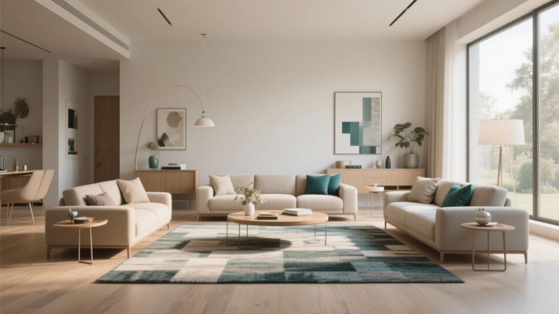 Modern bright living room with cream sofas a round coffee table and blue patterned area rug