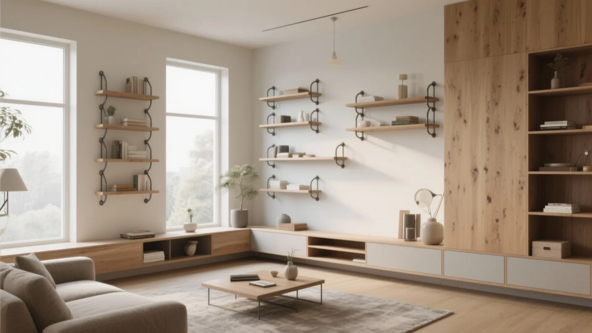 Bright living room with corner wall shelves wood cabinet coffee table rug and large windows