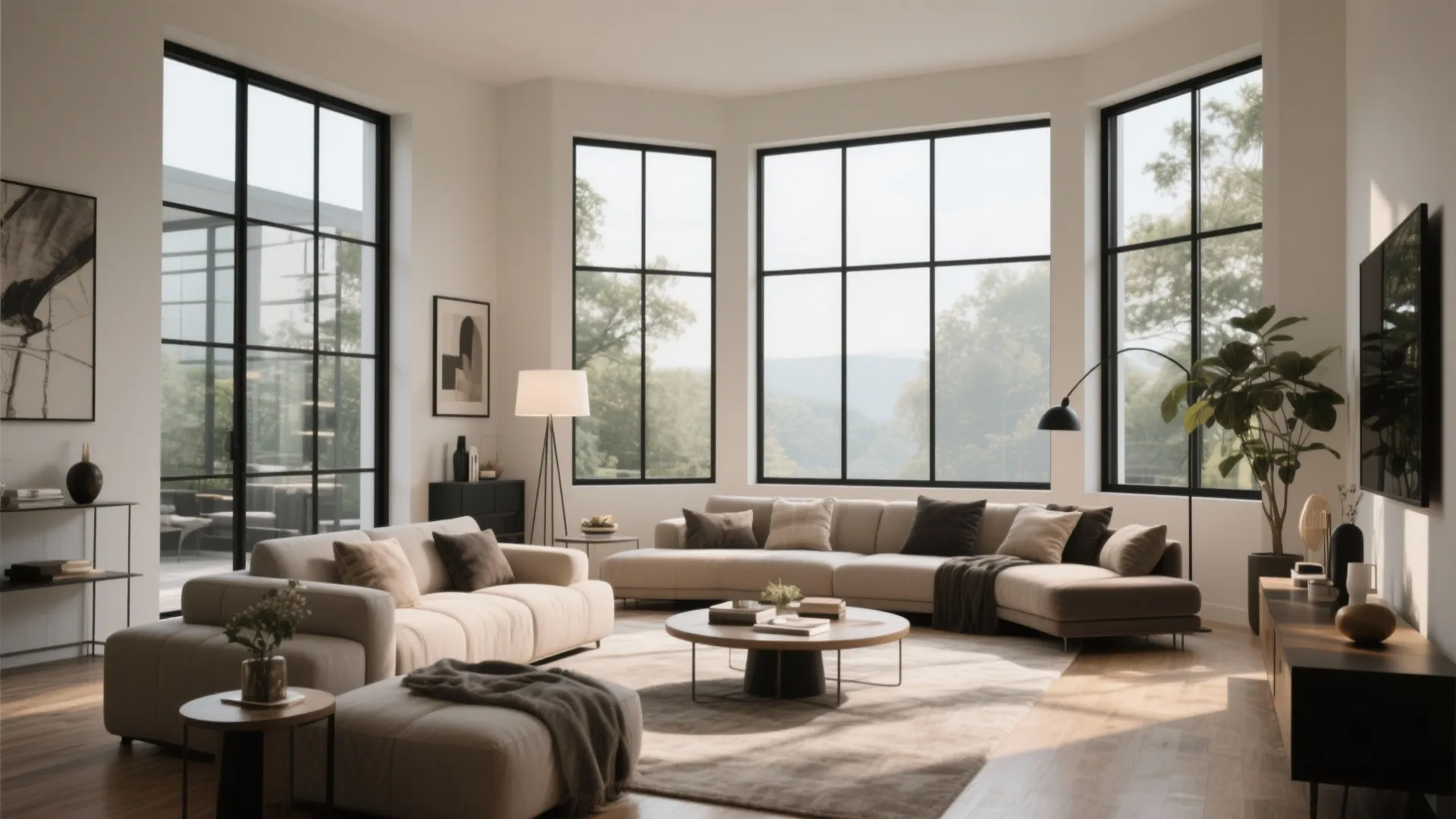 Bright living room with large windows beige sofa round coffee table and floor lamp light