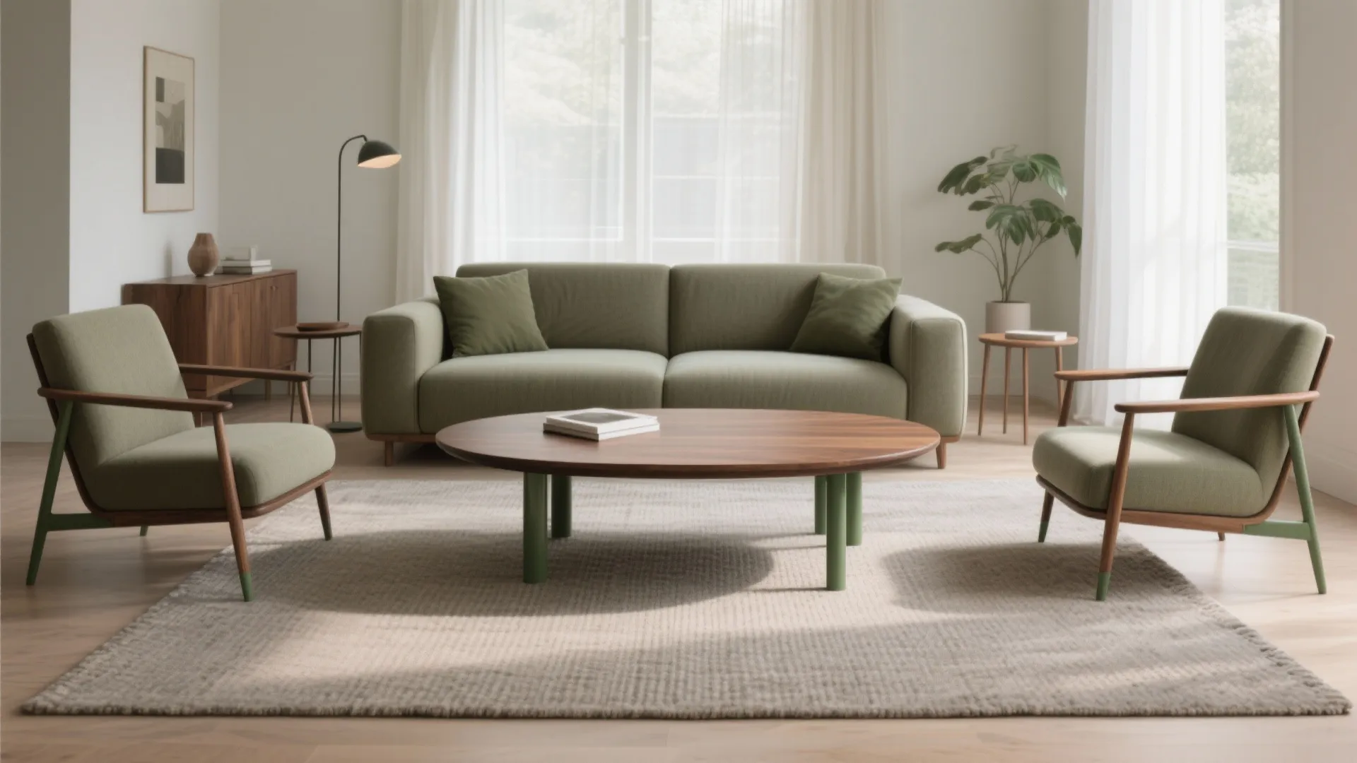 Minimalist living room featuring green sofa two armchairs wooden coffee table and soft natural light