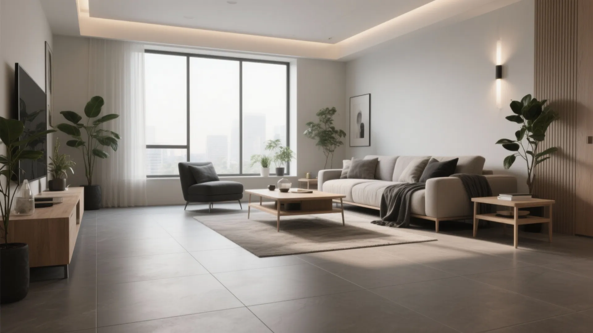 Modern minimal living room featuring grey floor tiles white sofa wooden coffee table and wall light