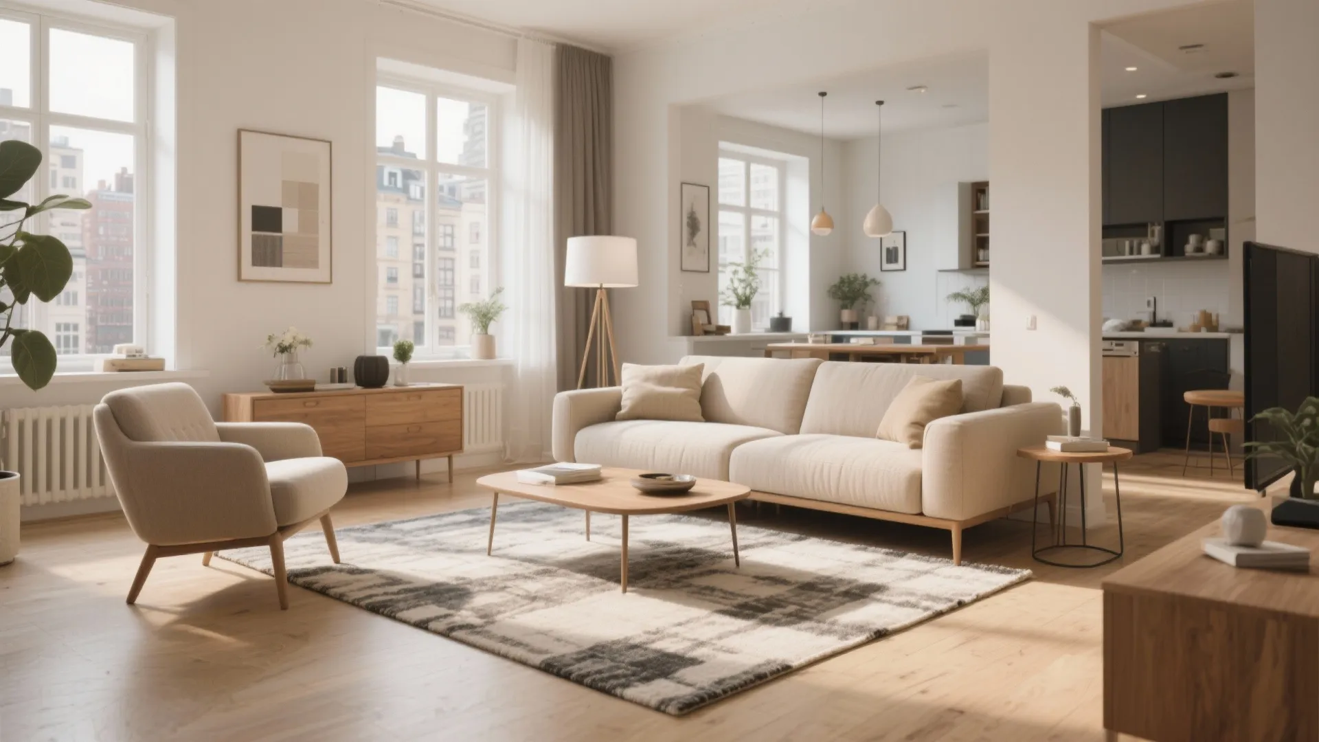 Modern open living room with cream sofa wooden cabinet large rug and view of kitchen