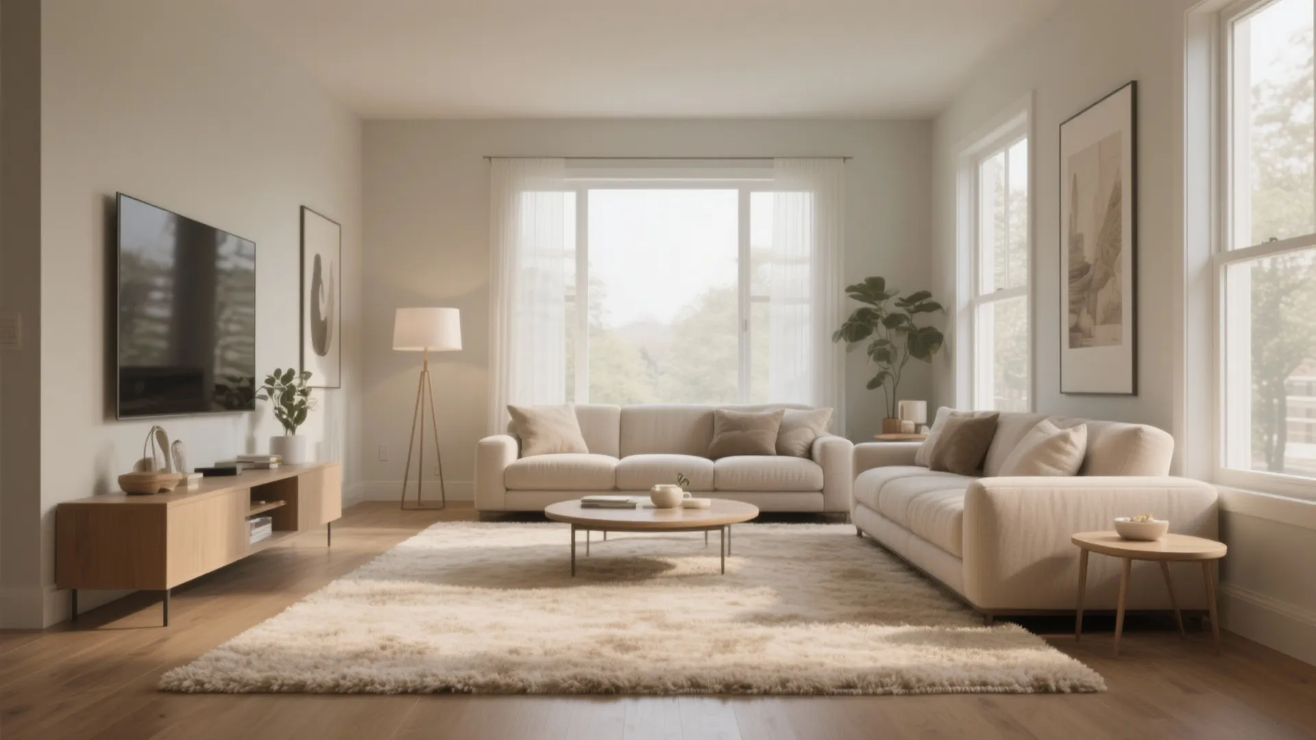 Modern bright living room with cream sofa large rug wooden floor and natural window light