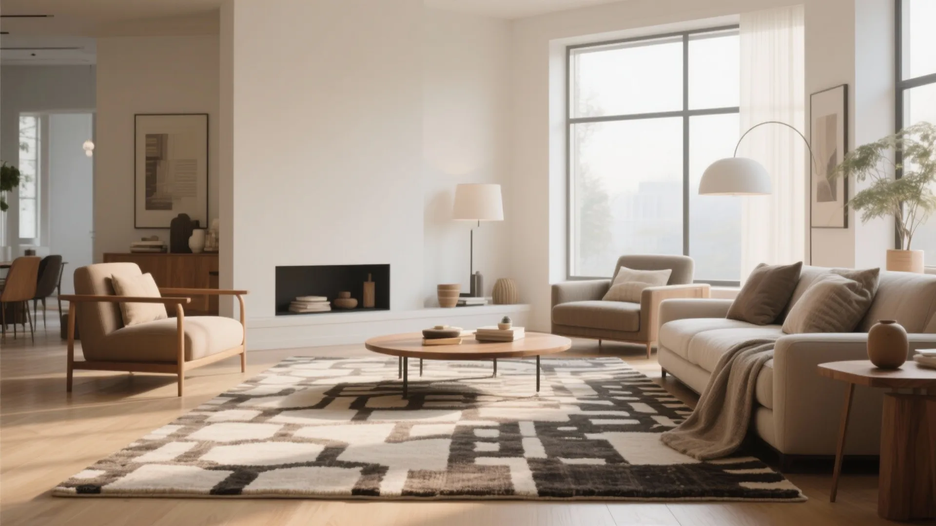 Bright living room with a patterned rug wooden coffee table white sofa and natural light