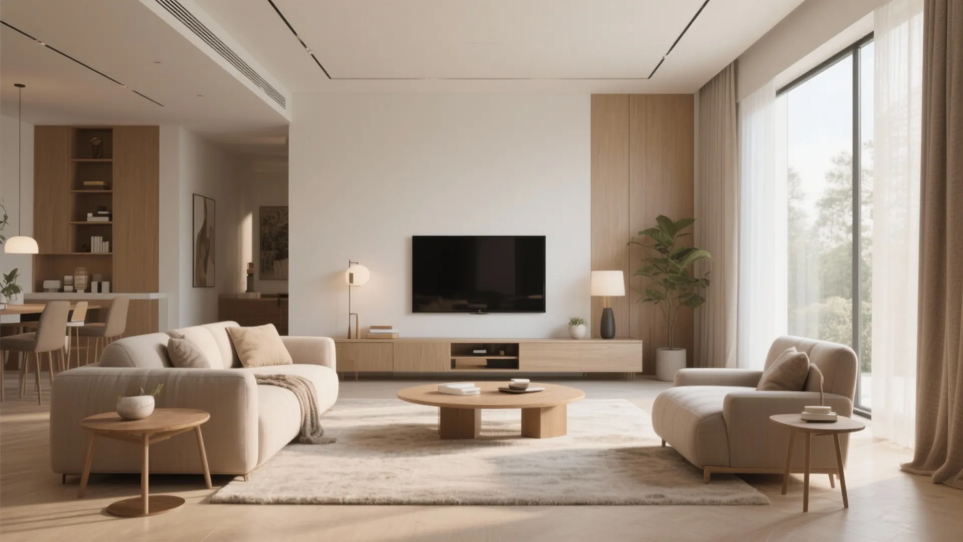 Modern minimal living room with beige sofas wooden coffee table television and large bright windows view
