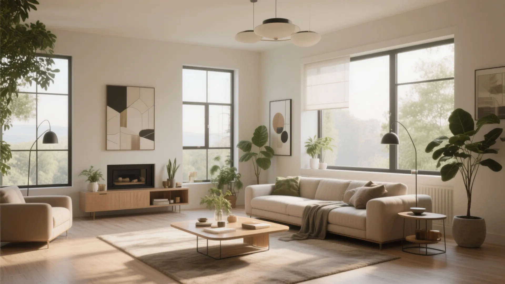 Bright living room with white sofa wooden coffee table ceiling light indoor plants and fireplace