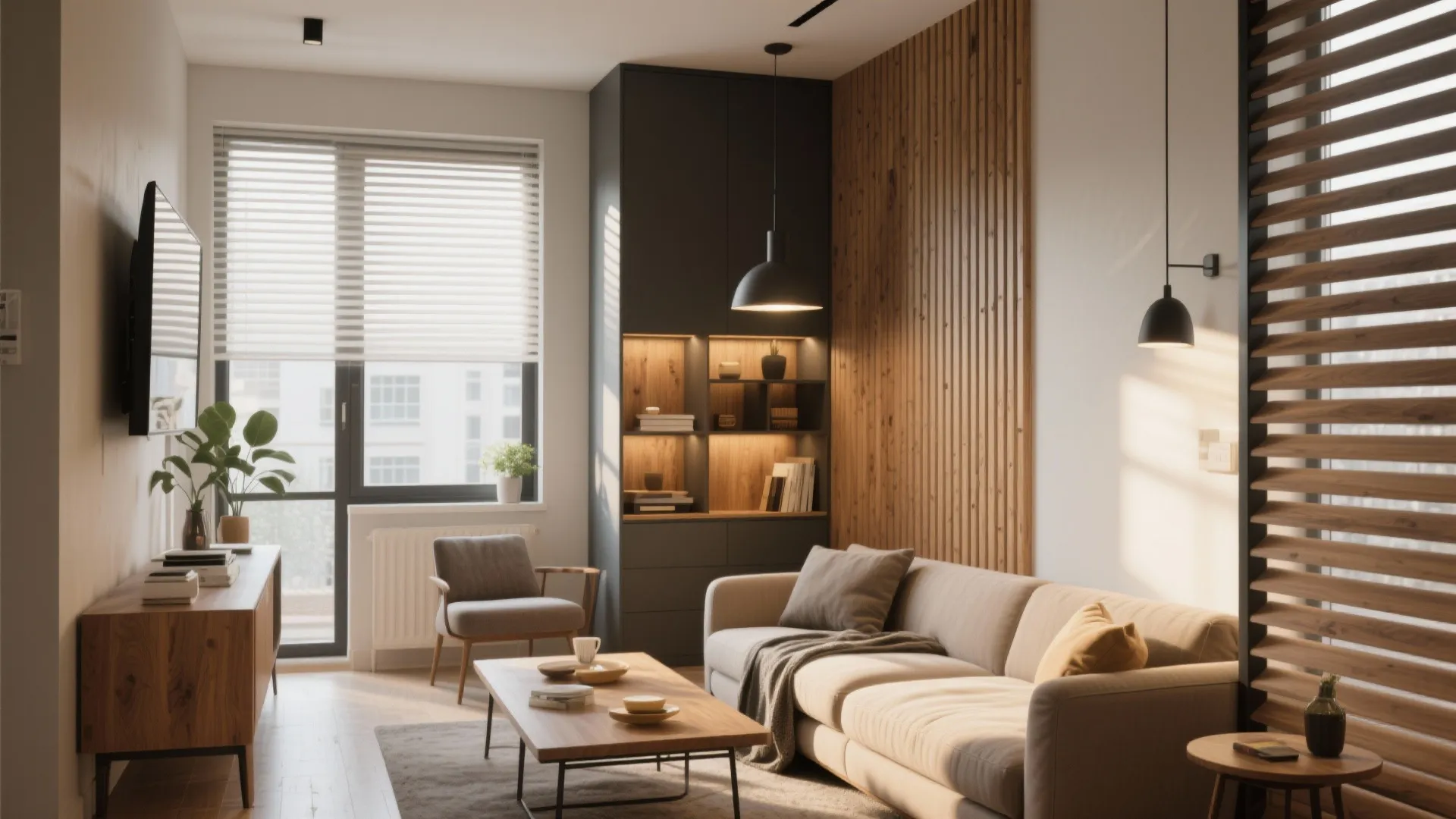 Modern apartment interior with beige sofa wood wall panel black ceiling light and large window