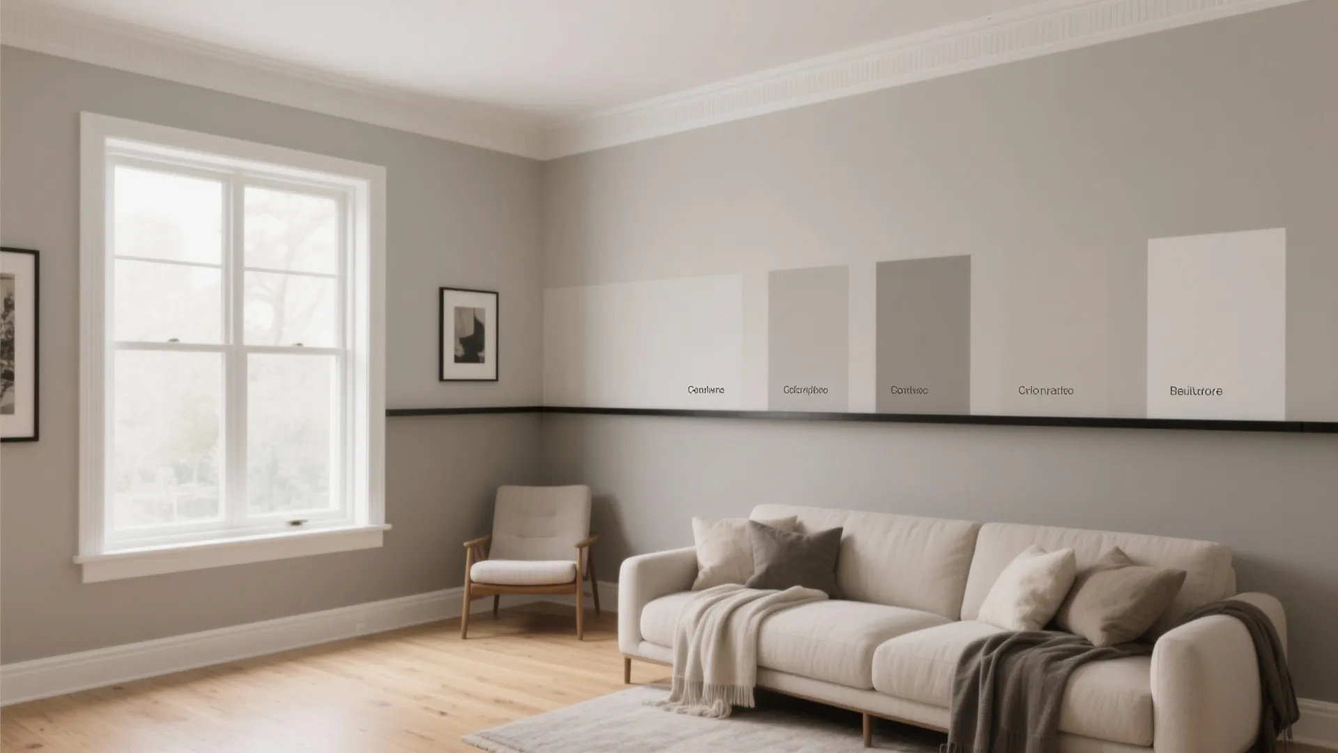 Living room with paint samples on wall white sofa armchair window and light wooden floor