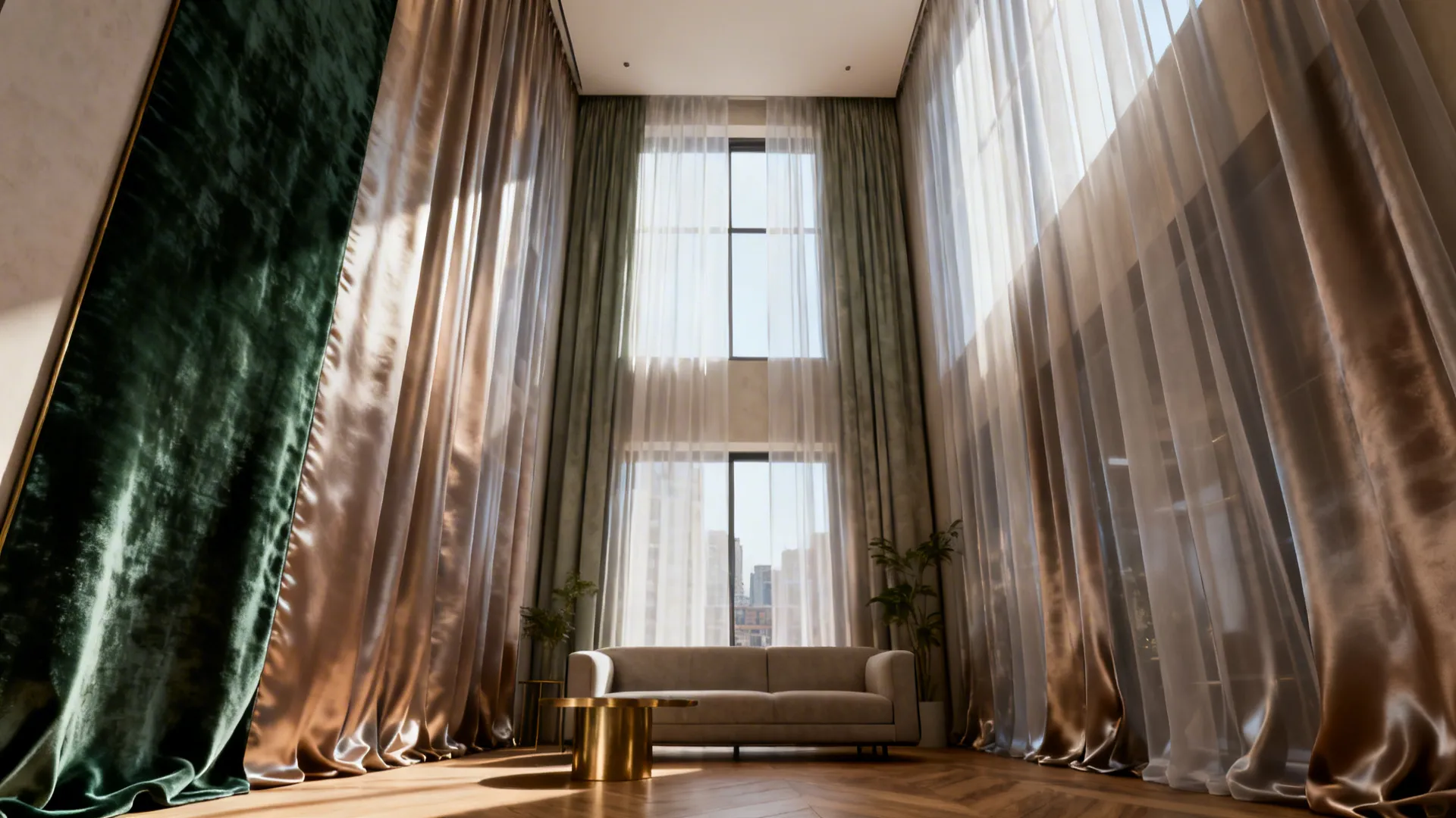 Modern living room with high ceiling large windows long curtains beige sofa and gold coffee table