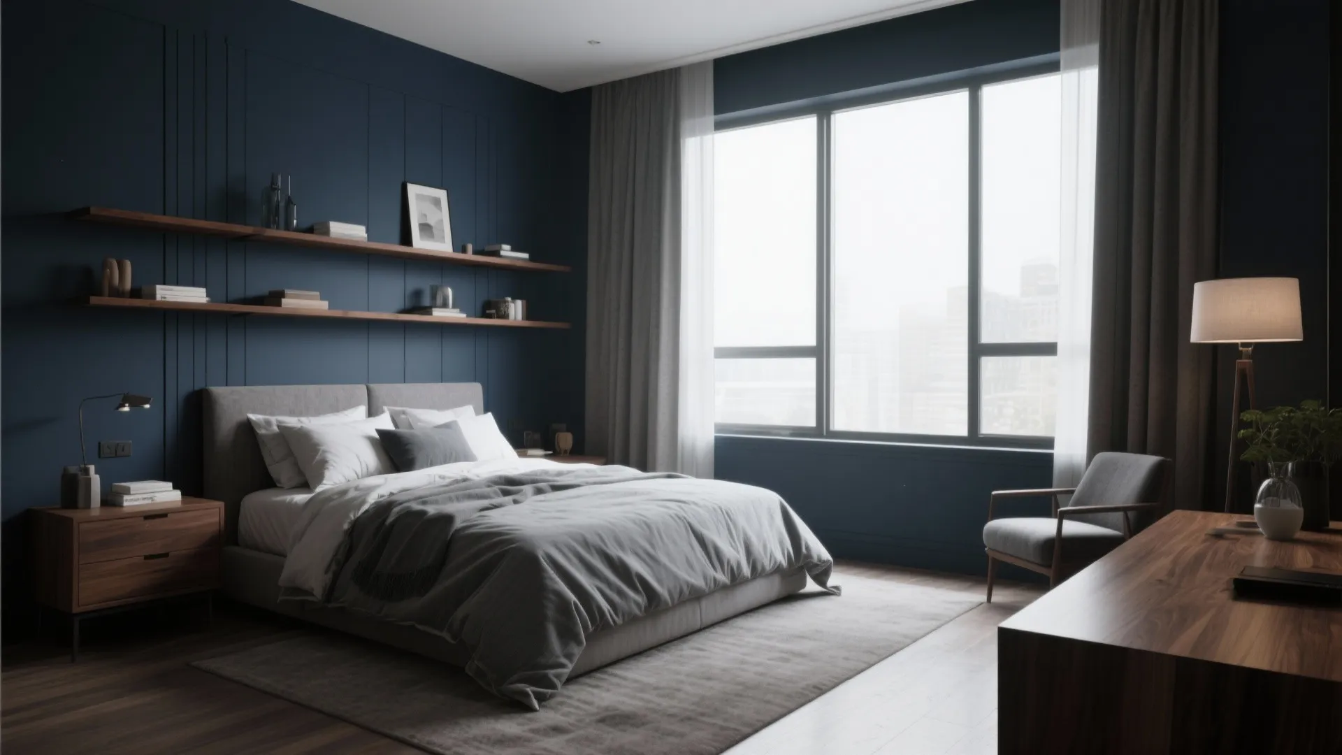 Modern bedroom with blue wall panels wooden shelves grey bed large window and floor lamp