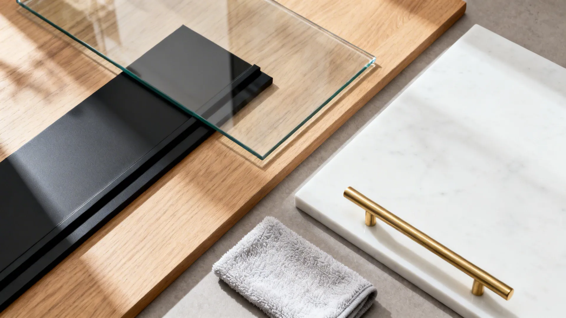 Top-down flat lay of matte black aluminium, glass, oak, quartz, and brass hardware.
