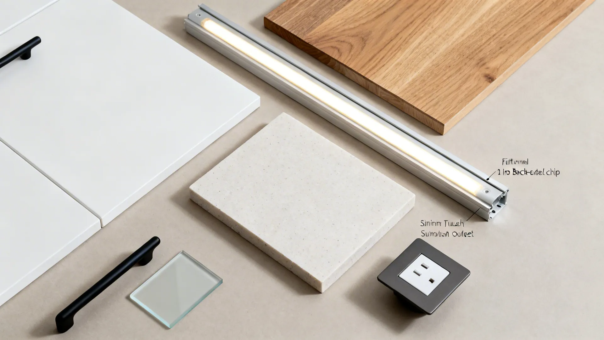 Flat lay of satin white cabinet, oak veneer, low-iron glass, quartz, LED channel, and slim pull.
