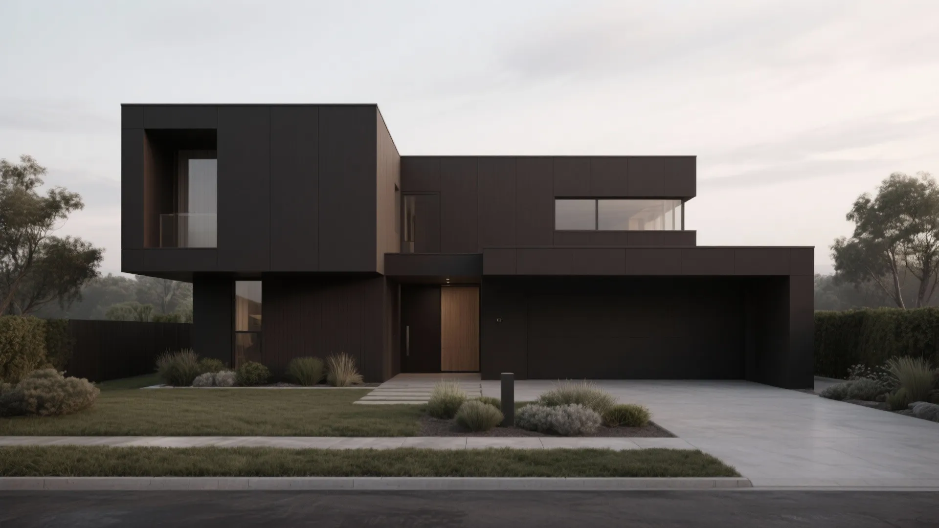 Modern dark brown house with geometric shapes large windows a flat roof and green bushes