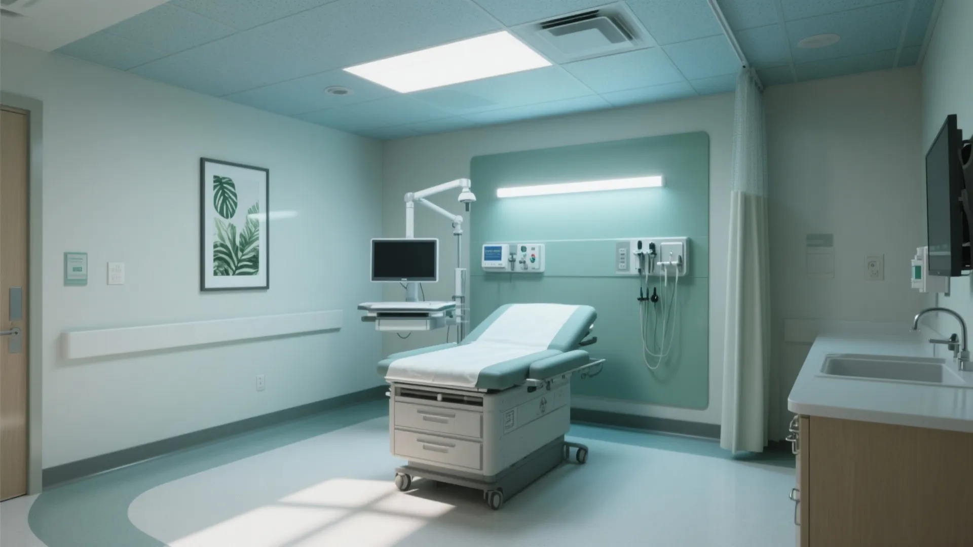 Modern medical room with examination bed computer monitor green wall panel sink and bright ceiling light