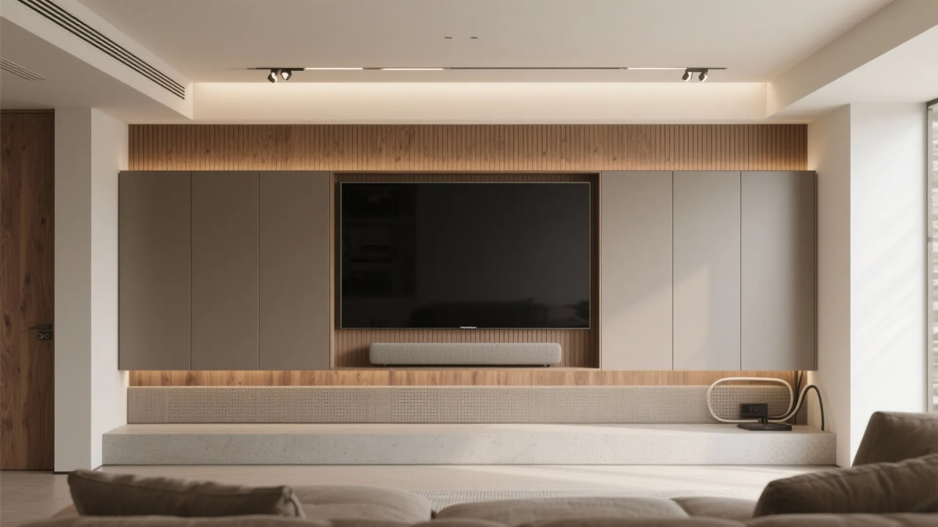 Modern living room interior design drawing with large TV beige cabinets and wood wall panels