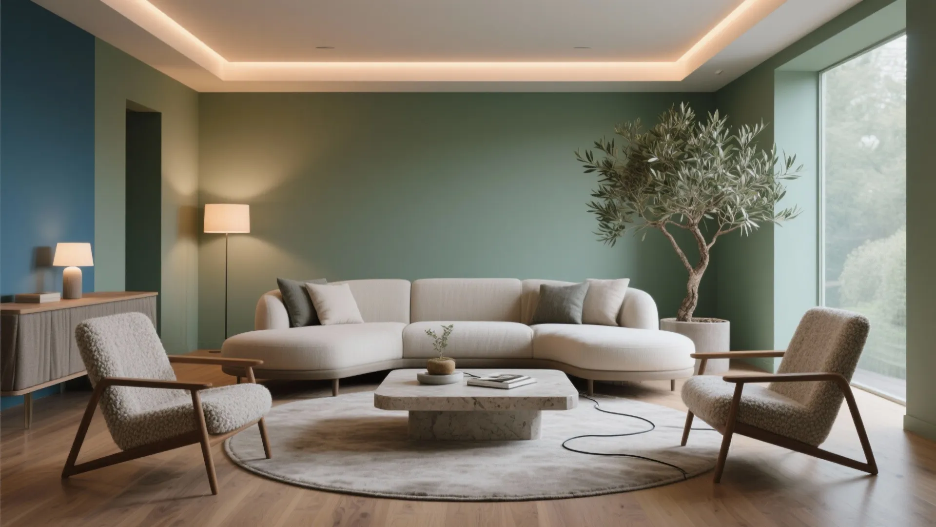 Modern green living room with curved sofa marble coffee table two chairs and potted tree
