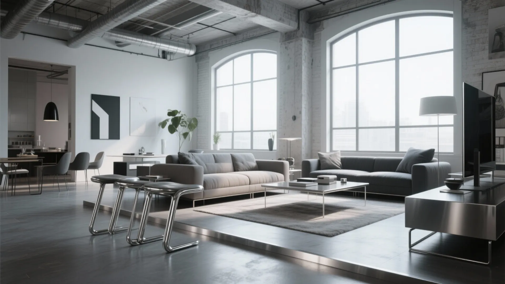 Modern industrial living room with grey sofas large windows metal pipes and a floor lamp