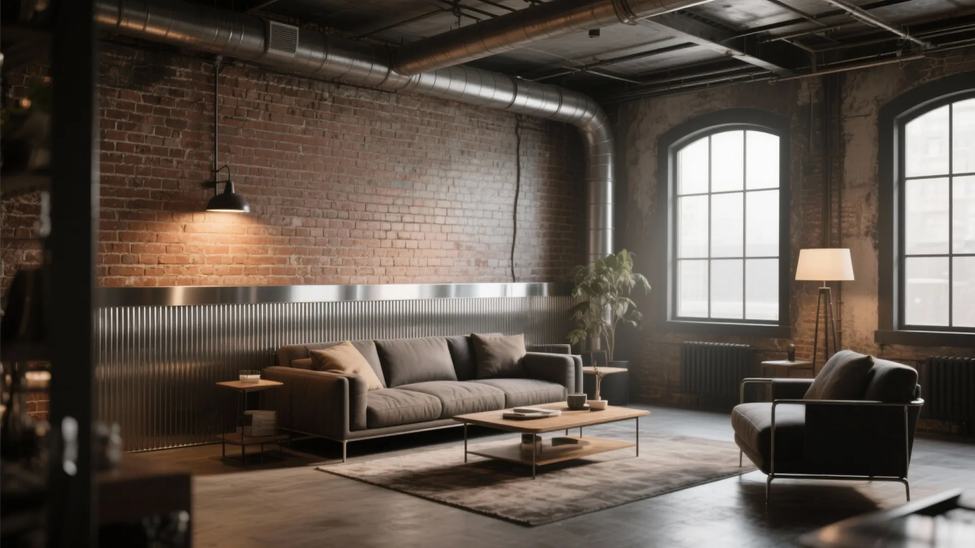 Industrial style living room with red brick wall metal pipes grey sofa and large arched window