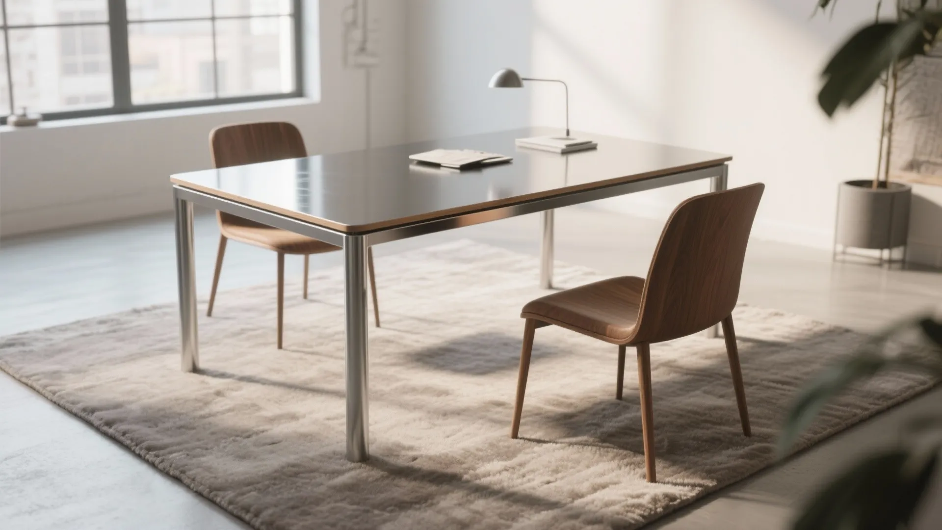 Modern metal table with two wooden chairs on a grey rug inside a bright sunlit office