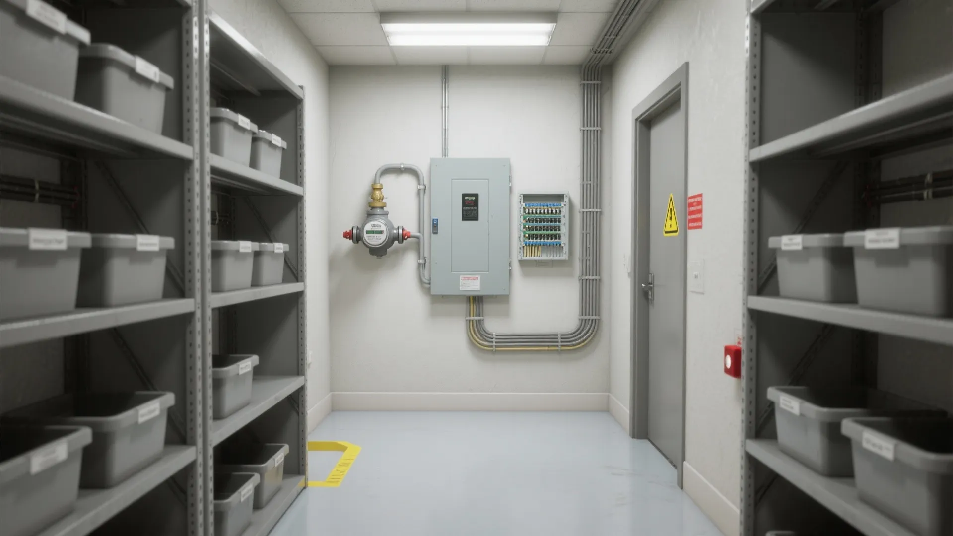 Well organized utility room with metal shelves grey storage bins electrical panel and water meter