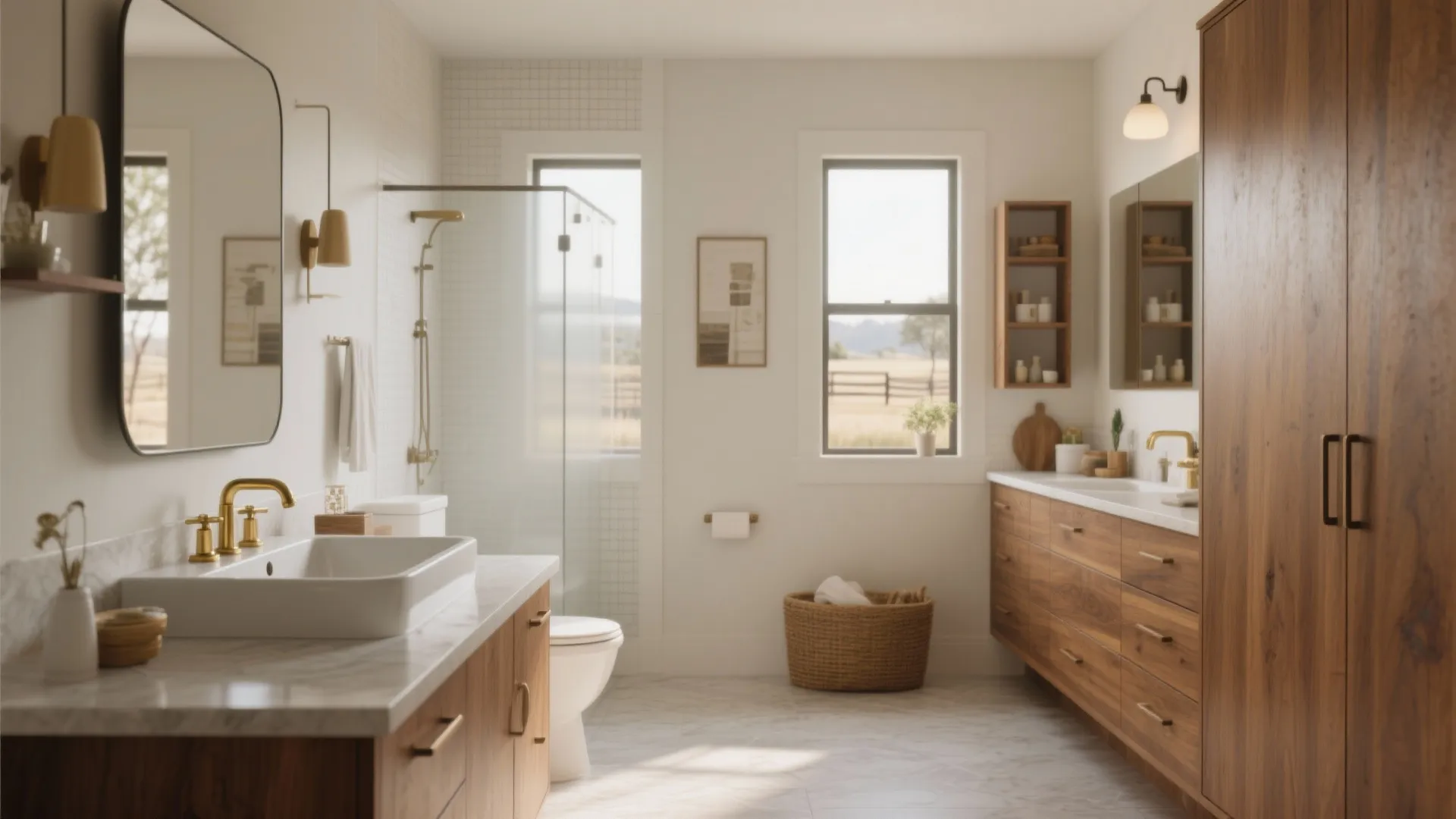 Modern bathroom with wooden cabinets white marble countertop large mirror glass shower door and natural light