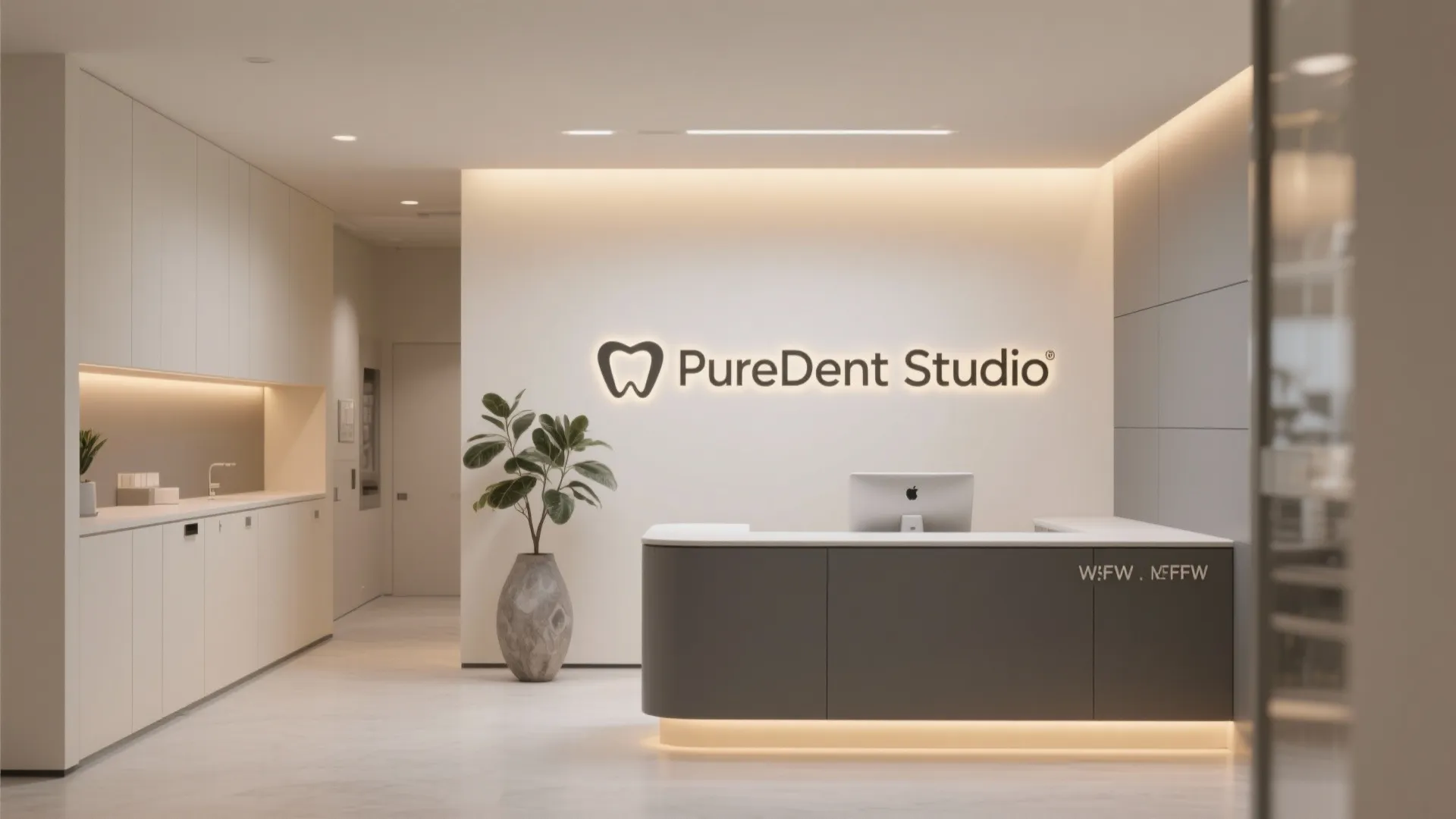 Minimalist dental office reception featuring grey front desk white walls glowing logo and green plant