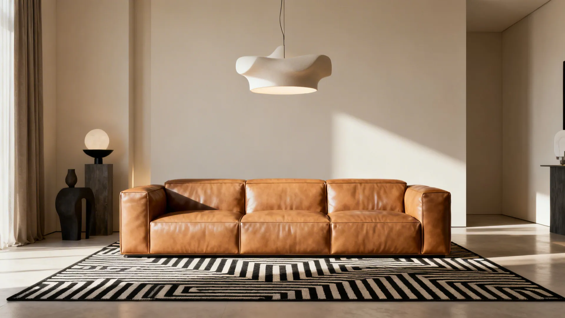 Minimal modern living room with a tan leather sofa and sculptural pendant light