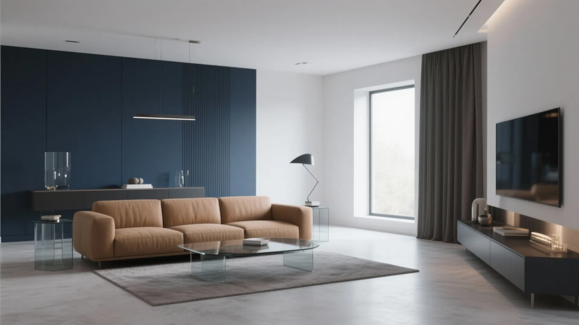 Minimalist living room with tan leather sofa glass coffee table dark blue wall and grey curtains
