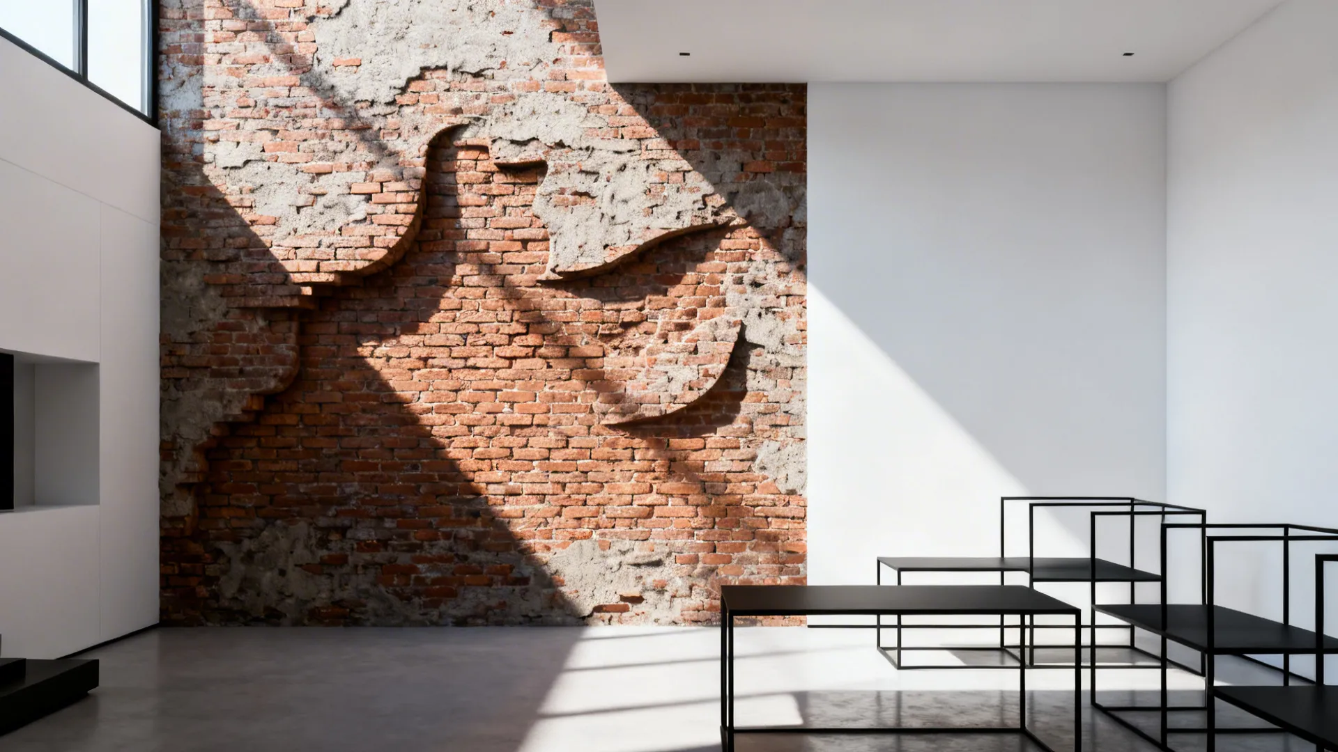 Minimalist living room with exposed brick accent, white walls and black metal frames.