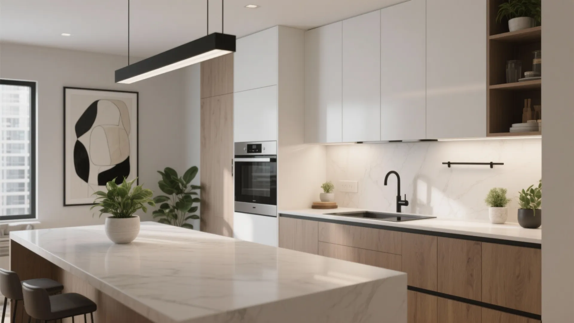 Modern minimal kitchen with wood cabinets, white marble island, black sink, and linear ceiling light