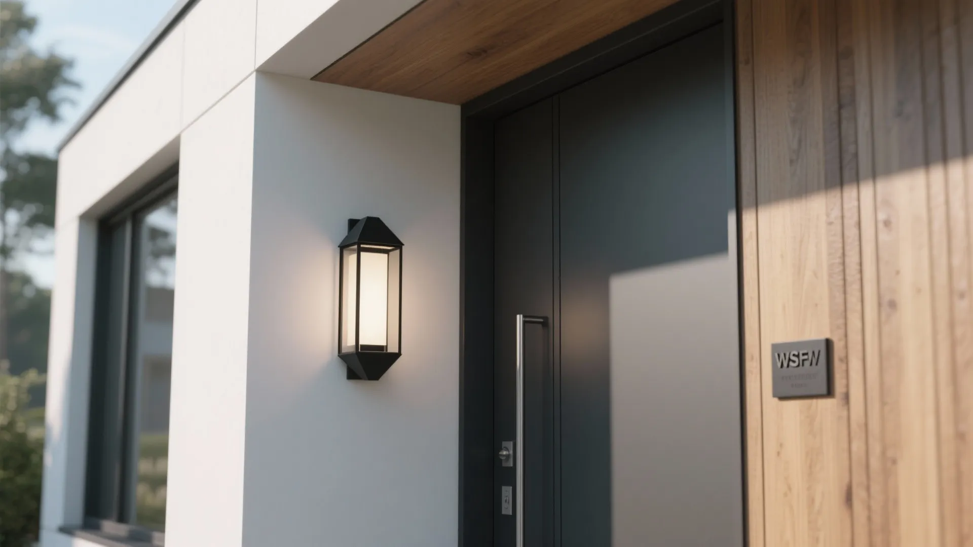 Modern black wall light mounted on white house exterior next to a dark gray door