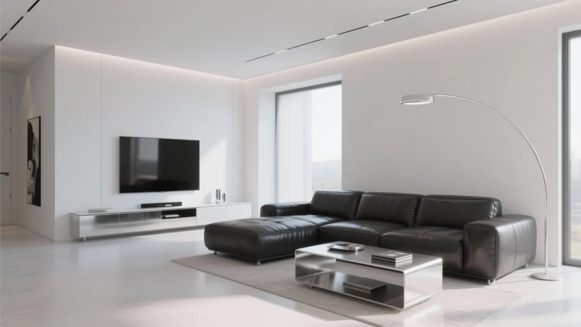 Minimalist living room with dark leather sectional and clean white walls
