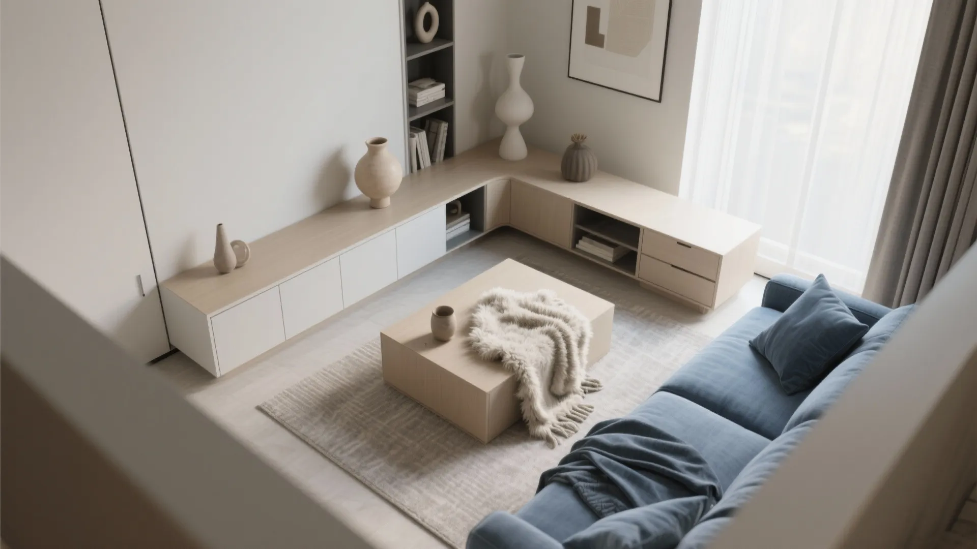 4. Modern minimal with blue-gray and warm beige