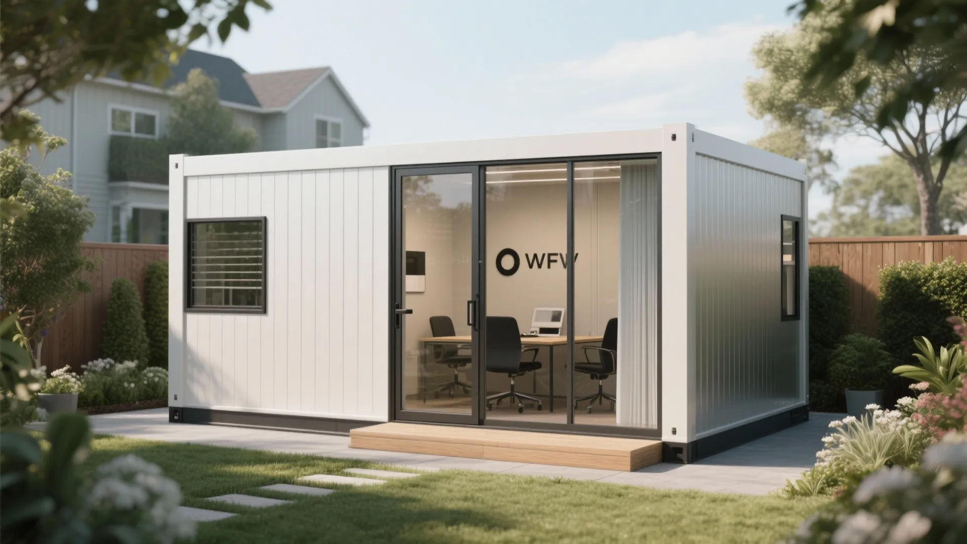 White modern modular backyard office with sliding glass doors showing interior desk and black chairs