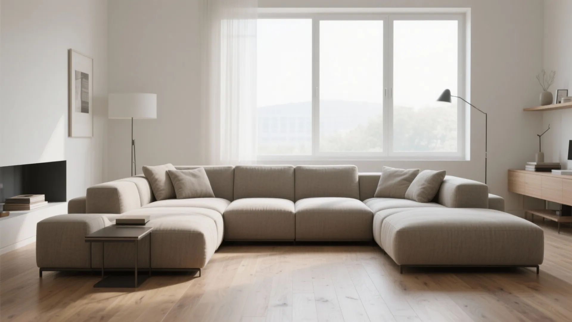 Large beige modular sofa in a minimalist living room with wood floor, window, and lamp