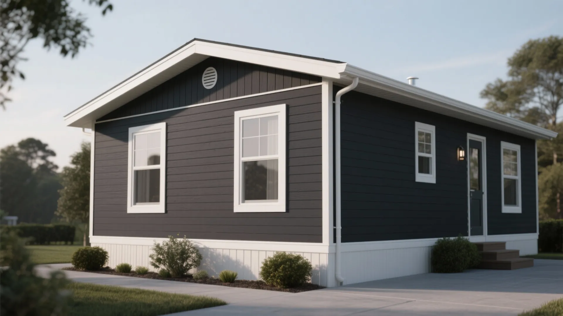Mobile home with a charcoal exterior and crisp white trim showcasing modern monochrome contrast.