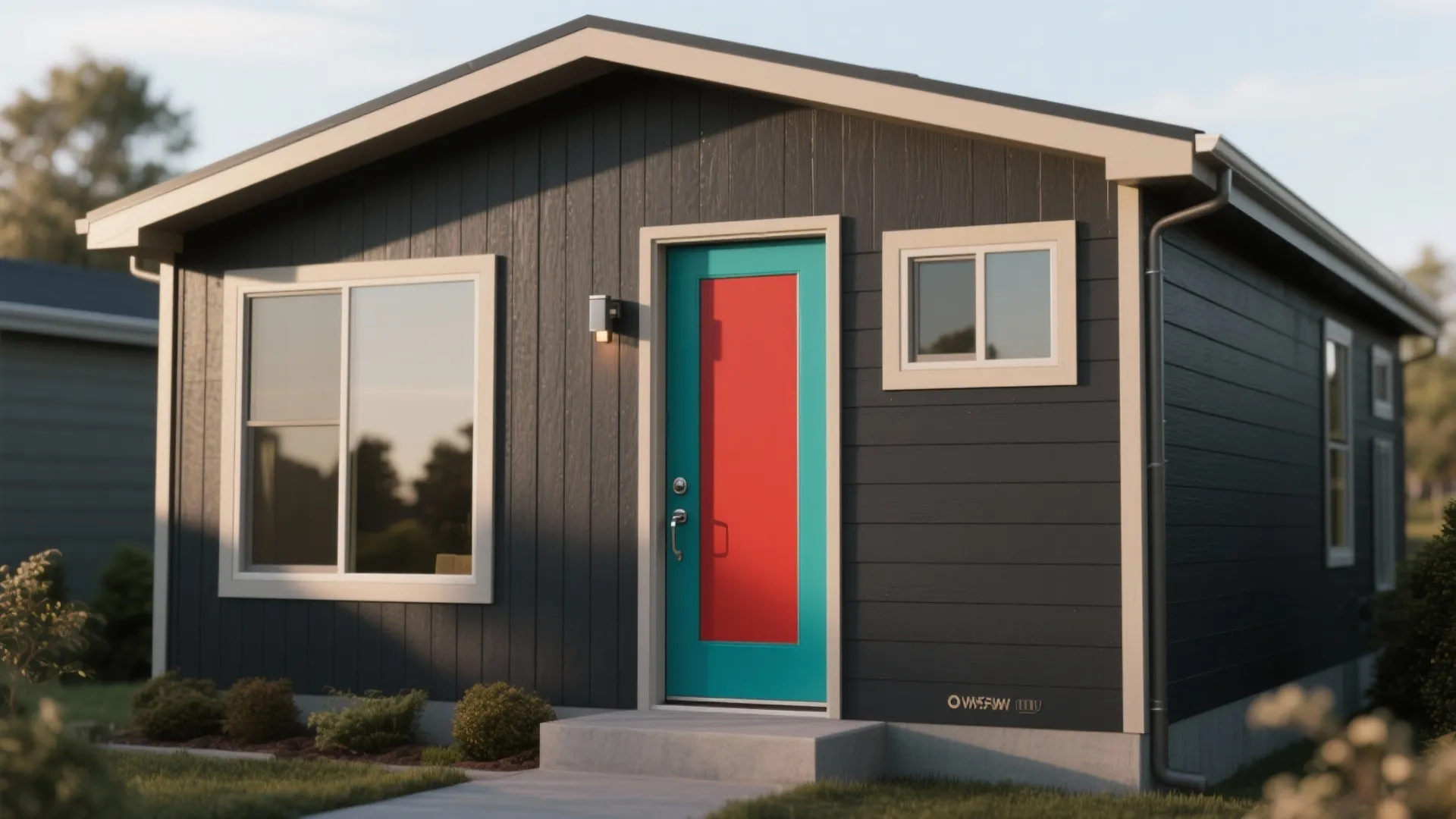 Modern manufactured home with deep charcoal body and a bright statement door in teal.