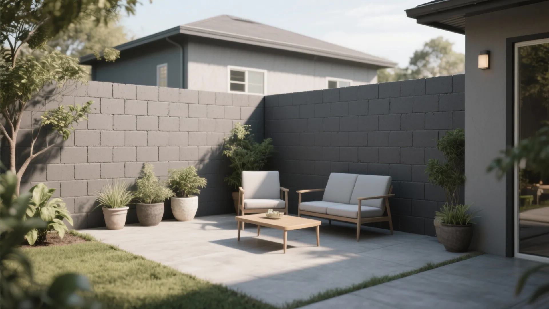 Modern outdoor seating area with wooden furniture and potted plants against a dark grey wall