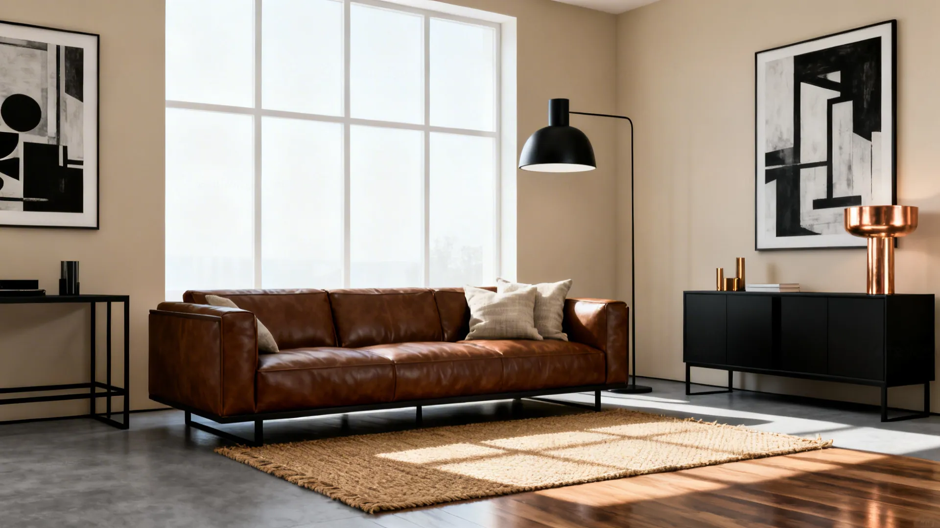 Modern living room with a brown sofa and black-framed furniture, matte black lighting and graphic art.