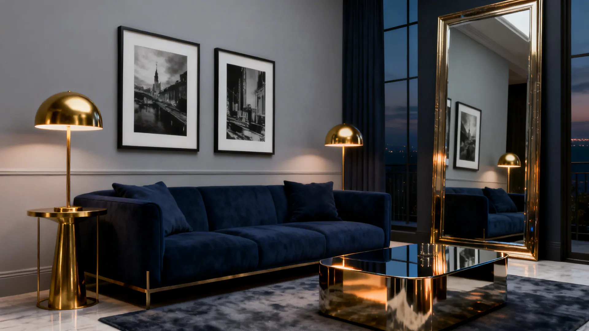 Modern living room with a navy sofa, brass accents and charcoal-gray elements.