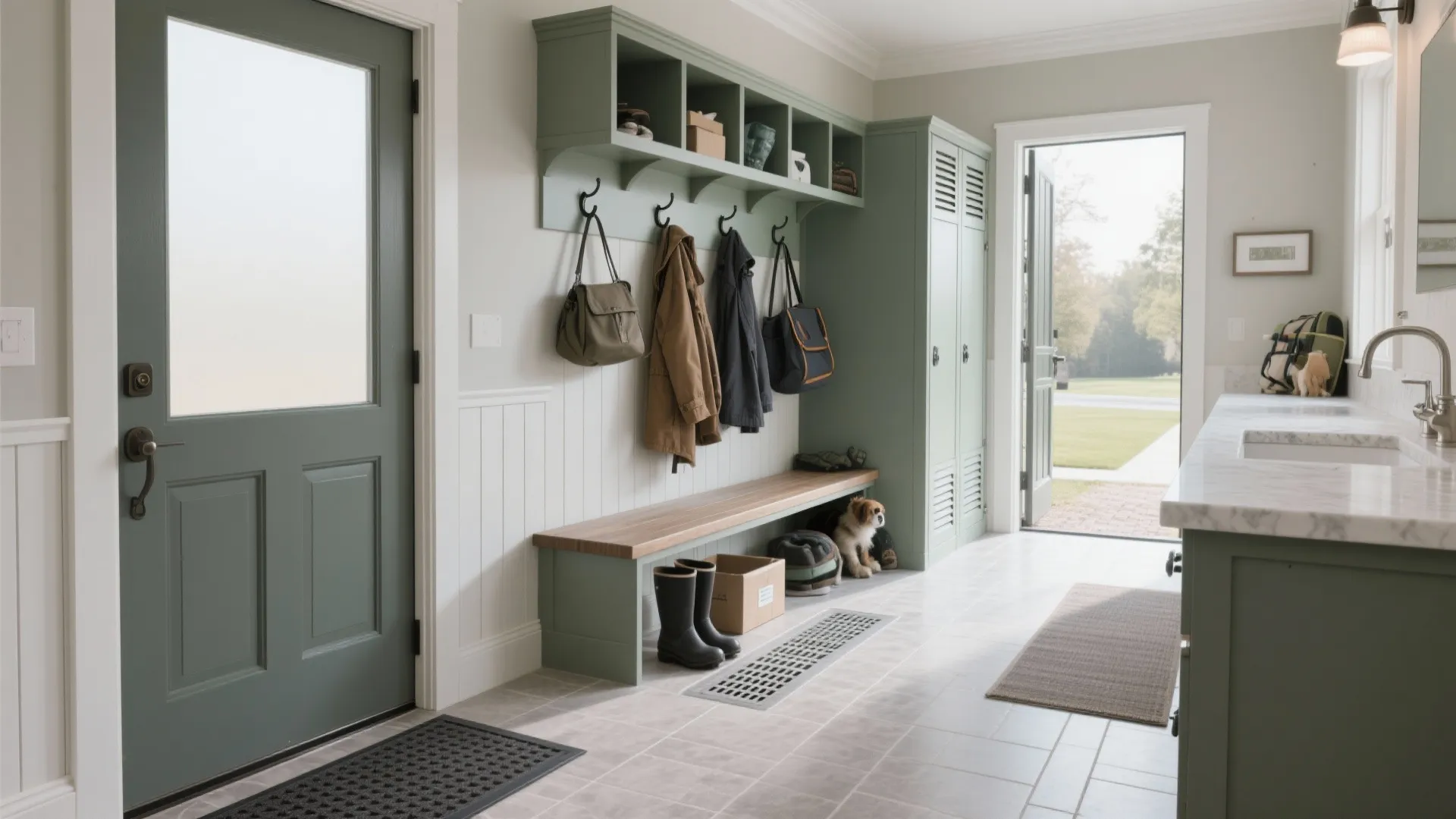 Modern green entry room with wooden bench, wall hooks, storage cabinets, and a white sink