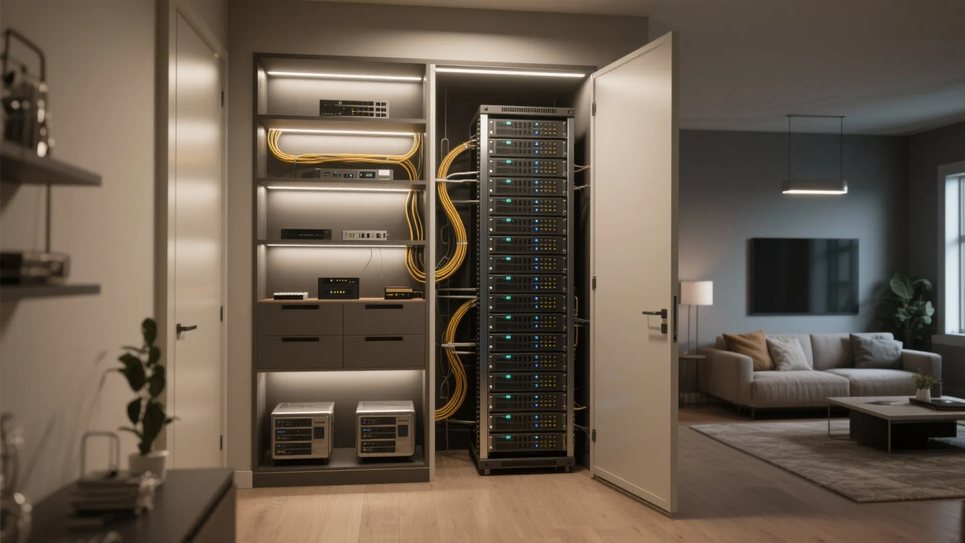 Grey storage cabinet holding network equipment and yellow cables near a living room with sofa