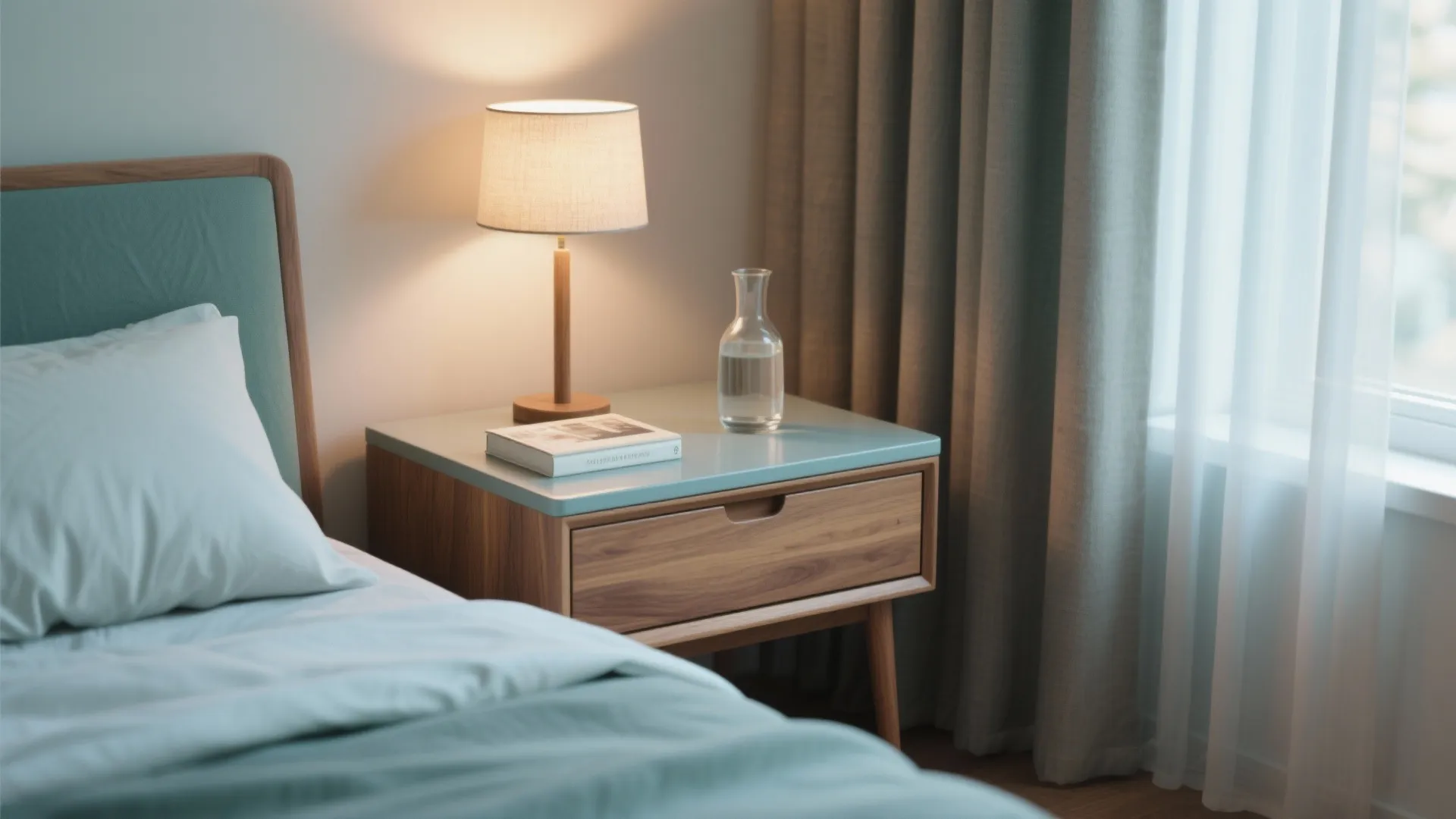 Modern wooden bedside table with small lamp book water carafe and soft blue bedding decor