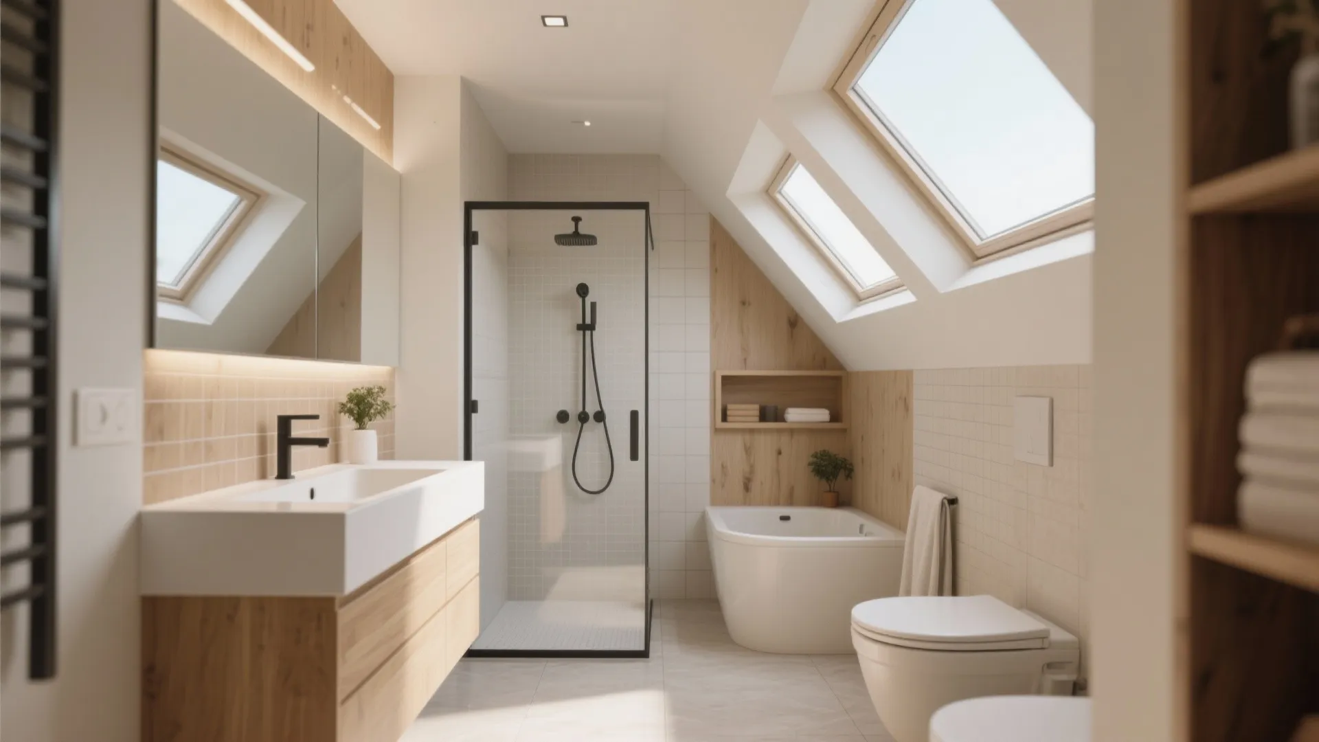 Modern bathroom with white walls wood cabinets glass shower bathtub toilet and slanted roof windows
