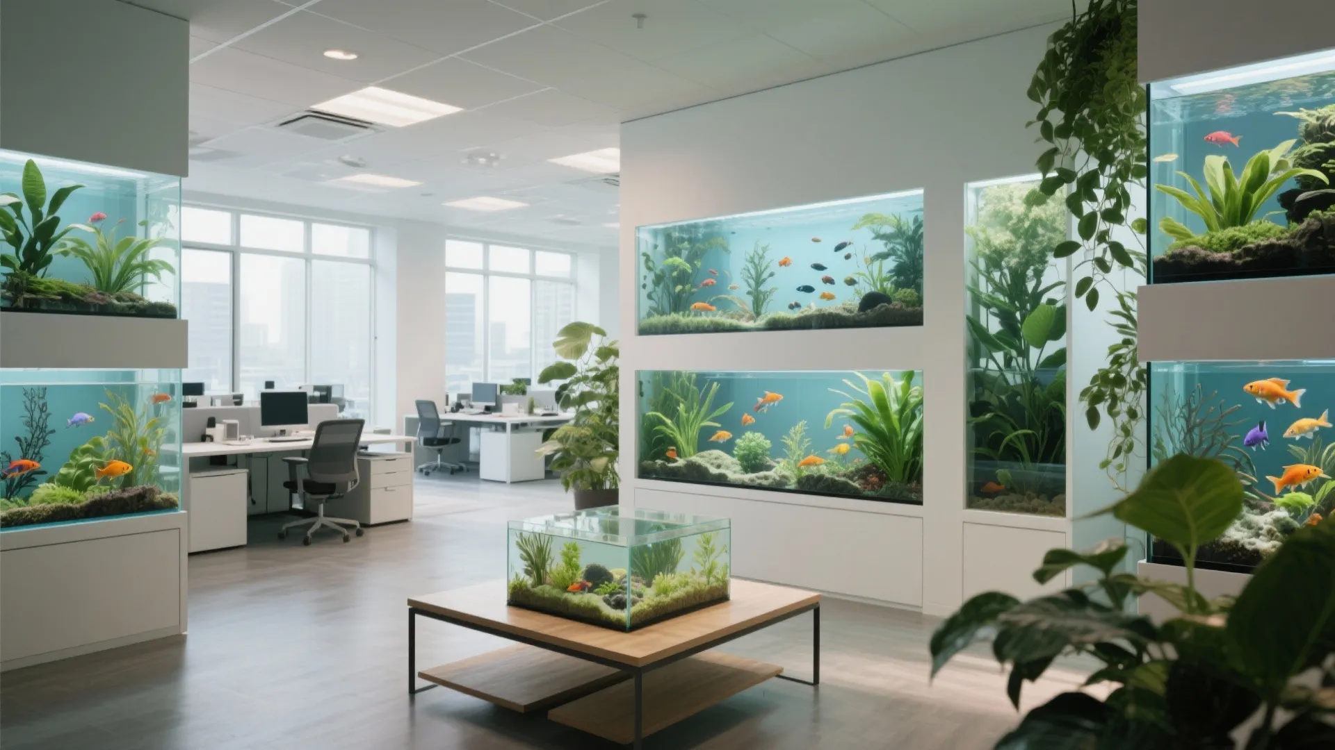 Modern white office interior featuring built-in wall fish tanks and multiple desks with office chairs